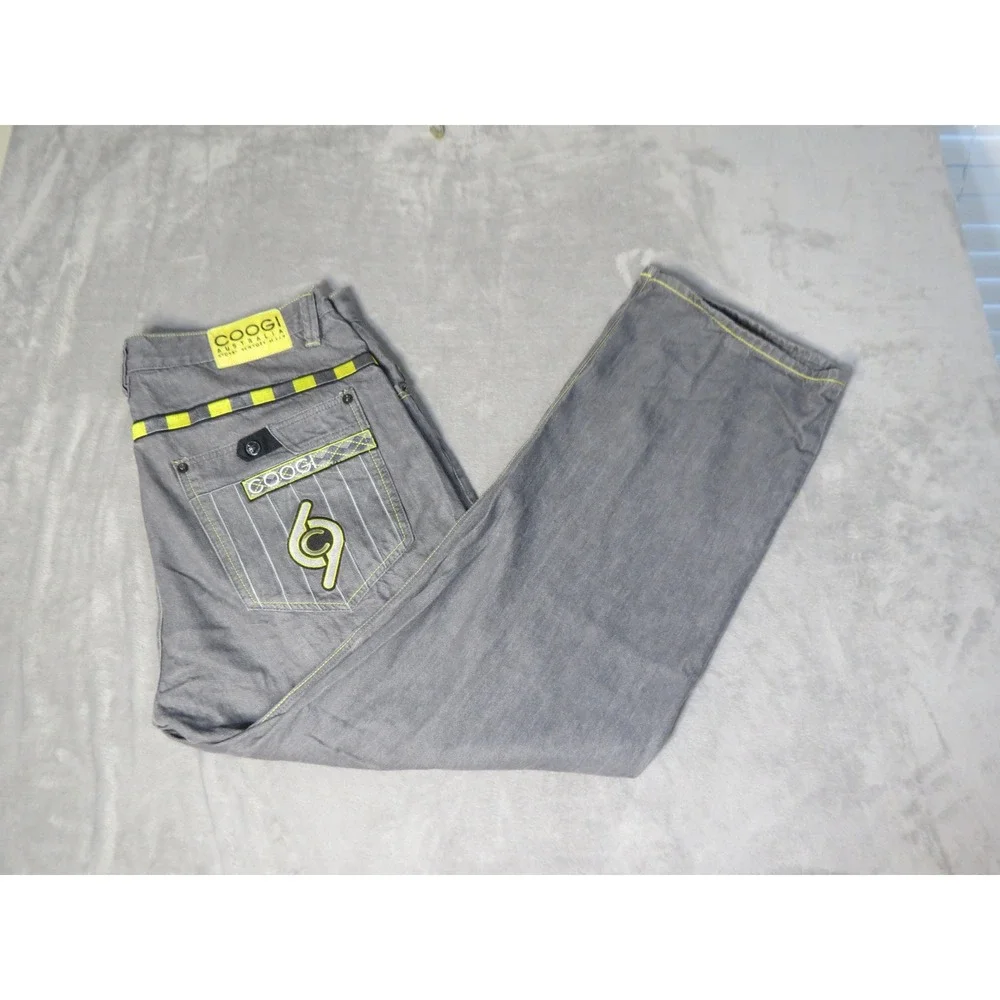Vintage Coogi Jeans Mens W42 L35 Grey Neon Yellow Embroidered Relaxed Straight
